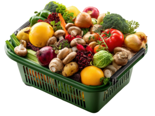 Fresh Harvest Basket: A vibrant assortment of seasonal fruits and vegetables overflows from a green basket, showcasing the bounty of the harvest. A healthy diet begins here.