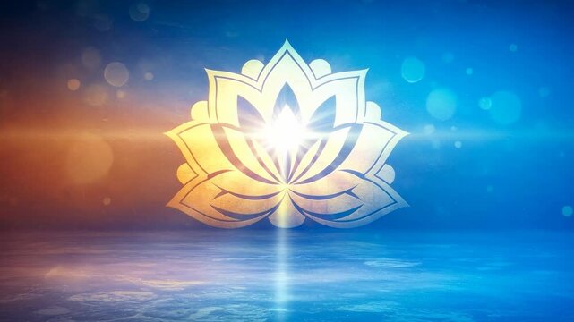 Golden lotus flower with light aura and reflections on water. Abstract spiritual background for meditation and yoga. Religious footage.
