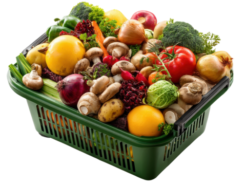Fresh Harvest Basket: A vibrant assortment of seasonal fruits and vegetables overflows from a green basket, showcasing the bounty of the harvest. A healthy diet begins here.