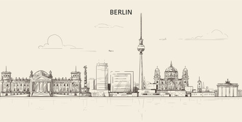 Berlin skyline. Artistic sketchy hand drawn vector illustration on a soft brown background © brichuas