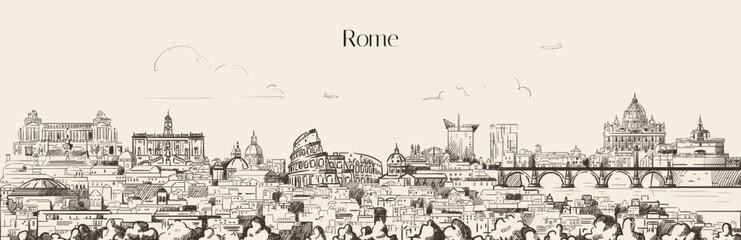 Rome skyline. Artistic sketchy hand drawn vector illustration on a soft brown background