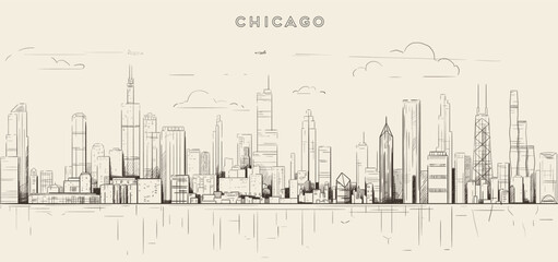 Chicago skyline. Artistic sketchy hand drawn vector illustration on a soft brown background © brichuas