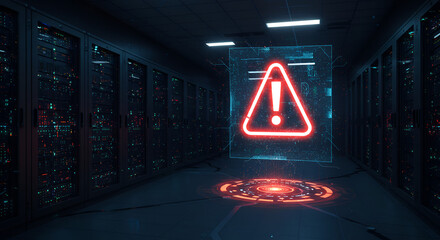 cyber security warning sign glowing in a dark data center server room, IT infrastructure security threat with a red danger warning hologram
