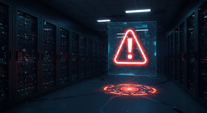 cyber security warning sign glowing in a dark data center server room, IT infrastructure security threat with a red danger warning hologram