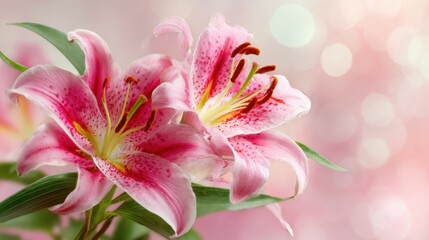 Fototapeta premium Pink lilies with vivid petals showcase their beauty under warm sunlight creating a serene atmosphere.