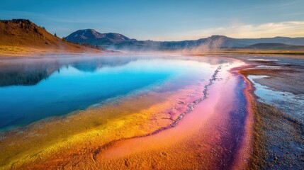 Naklejka premium Colorful hot springs create a stunning landscape at park during sunrise.