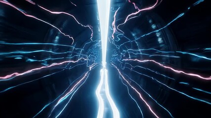 Abstract Light Tunnel with Blue and Pink Electric Cables Glowing in Dark Background