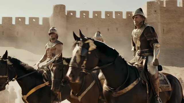 Muscular Man on Horseback Leads a Cavalcade Through Desert Sands Near Ancient Fortification Under Bright Sunlight