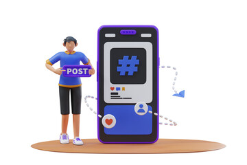 Young Man Holds Purple Post Sign Next To Giant Smartphone Display Featuring Hashtag Icon And Social Media Icons In A Studio Setting With Transparent Background