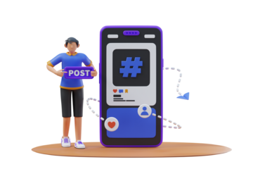 Young Man Holds Purple Post Sign Next To Giant Smartphone Display Featuring Hashtag Icon And Social Media Icons In A Studio Setting With Transparent Background