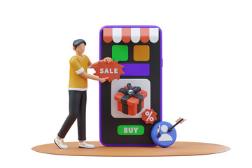 Man holds sale sign next to smartphone displaying gift box on orange platform with black background and small purchase icon indicating online shopping advertisement