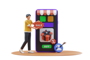Man holds sale sign next to smartphone displaying gift box on orange platform with black background and small purchase icon indicating online shopping advertisement