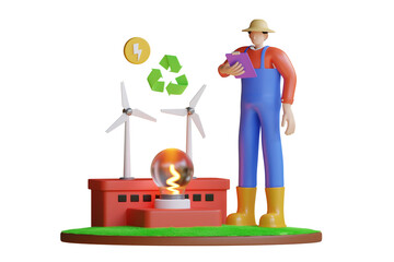 Farmer Inspecting Wind Turbines and Renewable Energy Production Facility with Light Bulb and Recycling Symbol on Transparent Background