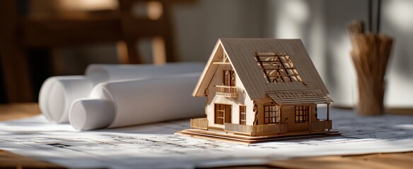 The wooden house model on architectural blueprints in warm studio light