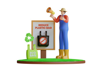 Man in Blue Overalls and Straw Hat Holding Megaphone Announcing Reduce Plastic Bag Campaign Next to Eco Bag and Recycling Symbol on Grass Platform with Transparent Background