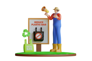 Man in Blue Overalls and Straw Hat Holding Megaphone Announcing Reduce Plastic Bag Campaign Next to Eco Bag and Recycling Symbol on Grass Platform with Transparent Background