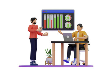 Two Men Analyzing Business Growth Charts and Graphs on a Laptop Screen During a Meeting with Transparent Background