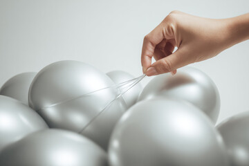 Hand adjusting silver balloon string minimal modern style soft light close up elegant festive decoration celebration smooth surface gentle touch creative arrangement joyful mood
