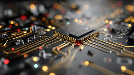 Close up of a microchip on a dense circuitboard, featuring glowing copper traces, tiny components, and connectors that convey a futuristic, high tech atmosphere and rich detail.