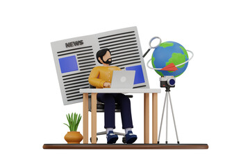 News Reporter Working At Desk With Laptop And Globe Beside Camera In Studio With Newspaper Backdrop