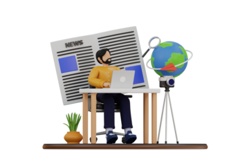 News Reporter Working At Desk With Laptop And Globe Beside Camera In Studio With Newspaper Backdrop