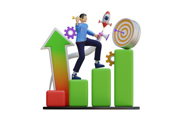 Man climbing green bar chart symbolizing sales growth towards a target with rocket and gears on transparent background symbolizing business success and strategy