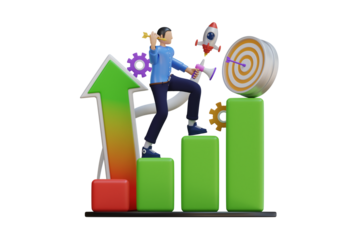 Man climbing green bar chart symbolizing sales growth towards a target with rocket and gears on transparent background symbolizing business success and strategy