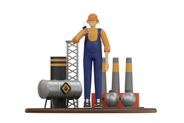 Male worker in orange hard hat and blue overalls holding a walkie-talkie stands next to industrial oil refinery equipment with tall smokestacks and storage tanks under studio lighting