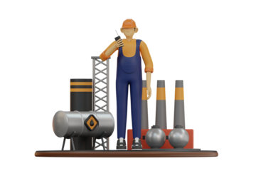 Male worker in orange hard hat and blue overalls holding a walkie-talkie stands next to industrial oil refinery equipment with tall smokestacks and storage tanks under studio lighting