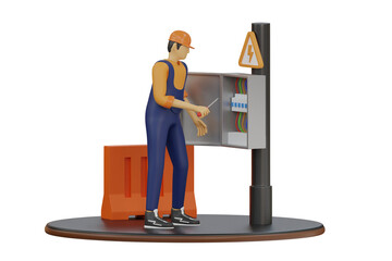 Male Electrician In Orange Hard Hat And Blue Overalls Working On Electrical Panel With Screwdriver And Warning Sign On Pole With Orange Barrier In Background Isolated On Black