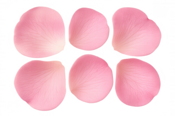Pink rose petals scattered, creating romantic background, delicate floral elements for spring and wedding designs on transparent background