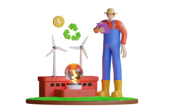 Farmer Inspecting Wind Turbines and Renewable Energy Production Facility with Light Bulb and Recycling Symbol on Transparent Background