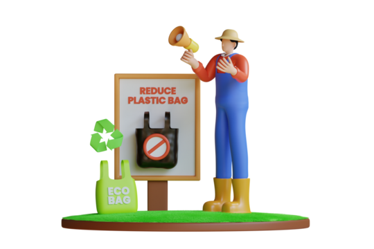 Man in Blue Overalls and Straw Hat Holding Megaphone Announcing Reduce Plastic Bag Campaign Next to Eco Bag and Recycling Symbol on Grass Platform with Transparent Background