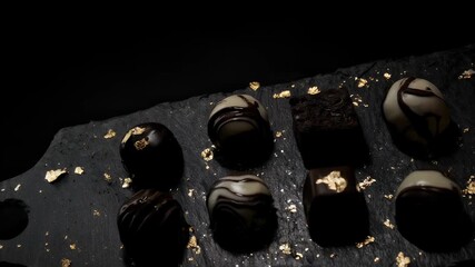 Various Brown and White Chocolate Candies on Black Slate Plate with Gold Flakes - Powered by Adobe