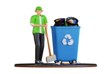 Male worker wearing green shirt and cap sweeping trash with broom next to blue garbage bin full of garbage on transparent background