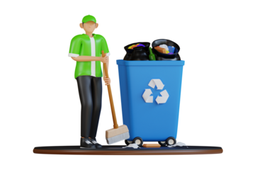 Male worker wearing green shirt and cap sweeping trash with broom next to blue garbage bin full of garbage on transparent background