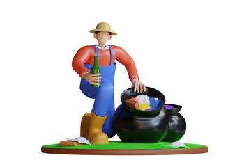 Cartoon volunteer wearing blue overalls red shirt straw hat and yellow boots holding a green bottle next to full trash bags on grassy platform isolated on black background