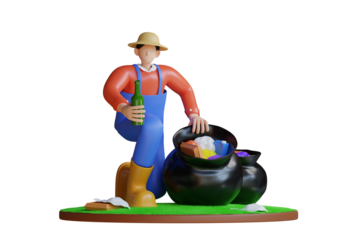 Cartoon volunteer wearing blue overalls red shirt straw hat and yellow boots holding a green bottle next to full trash bags on grassy platform isolated on black background