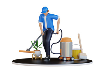 Cartoon Worker With Vacuum Cleaner And Broom Preparing For Cleaning With Houseplant In A Pot On A Black Base With Transparent Background 3d Render
