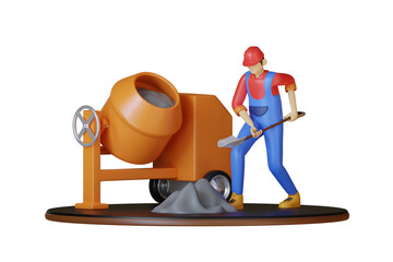 Construction Worker In Blue Overalls And Red Hard Hat Using A Shovel To Scoop Concrete From A Cement Mixer On A Dark Background