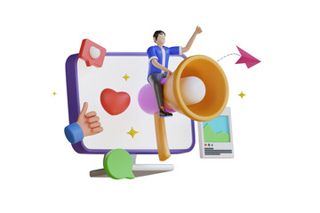 3D man riding megaphone promoting social media engagement with likes thumbs up and speech bubble icons on a black background