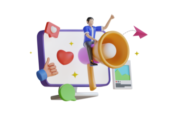 3D man riding megaphone promoting social media engagement with likes thumbs up and speech bubble icons on a black background