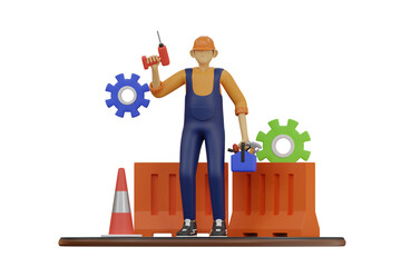 Construction Worker Holding Drill and Tools Amidst Orange Barriers and Blue Green Gears On Transparent Background