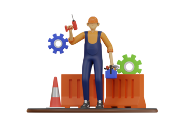 Construction Worker Holding Drill and Tools Amidst Orange Barriers and Blue Green Gears On Transparent Background