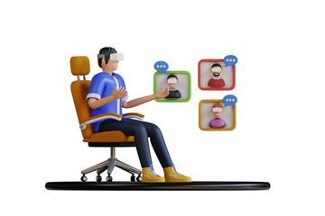 Man Wearing VR Headset Attends Virtual Business Meeting With Colleagues Displayed On Screen Connected Through Digital Communication Technology