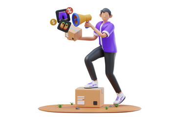Man Holding Megaphone Announcing Sales and Discounts with Shopping Cart and Coins on Transparent Background for Product Marketing