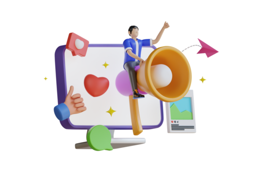 3D man riding megaphone promoting social media engagement with likes thumbs up and speech bubble icons on a black background