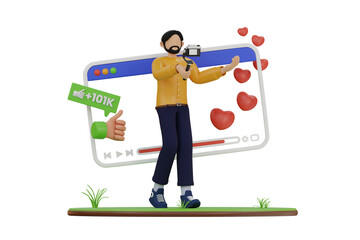 Male Vlogger Holding Camera Recording Content Surrounded by Social Media Icons and Hearts With Transparent Background
