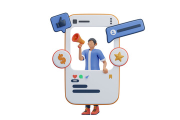 Digital Marketing Man with Megaphone in Social Media Frame Announcing Opportunities and Engagement Metrics with Like and Star Icons Symbolizing Success and Growth Against Transparent Background