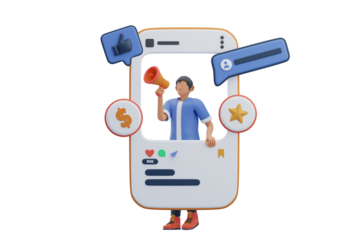 Digital Marketing Man with Megaphone in Social Media Frame Announcing Opportunities and Engagement Metrics with Like and Star Icons Symbolizing Success and Growth Against Transparent Background